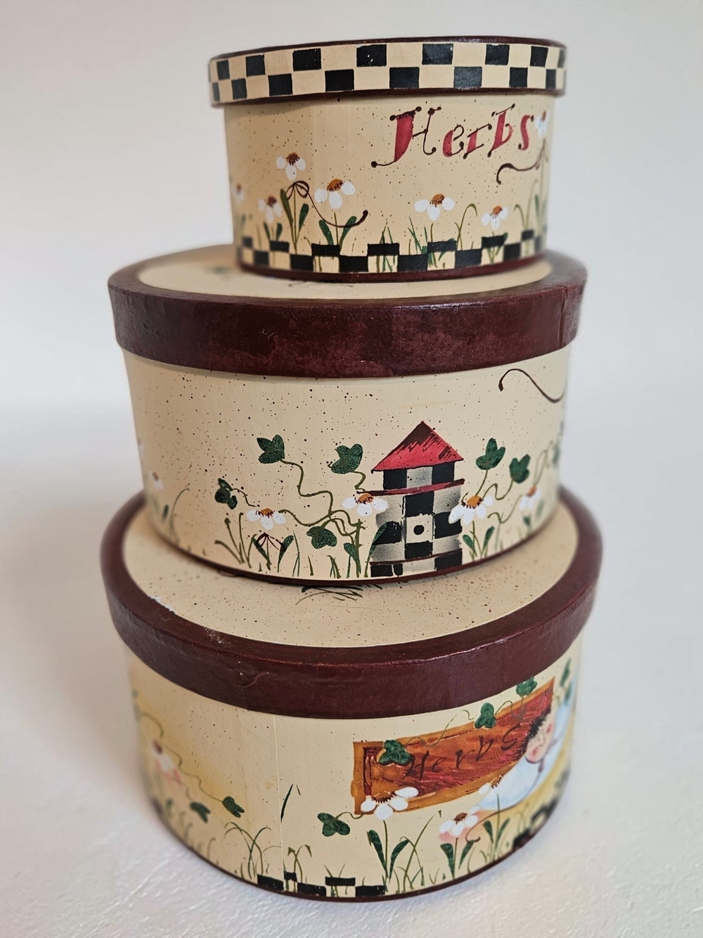 Vintage Set 3 Nesting Storage Boxes Herbs Folk Art Farmhouse Cottagecore Country